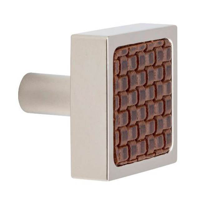 Colonial Bronze Leather Accented Square Cabinet Knob With Straight Post, Matte Satin Nickel x Shagreen Ink Leather